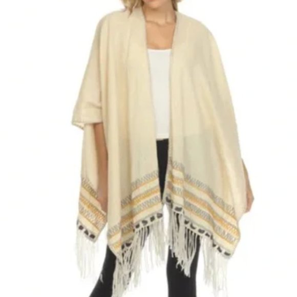 Johnny Was Biya Cream Aro Cotton Linen Embroidered Poncho Wrap Fringe Trim S NEW - Picture 9 of 9